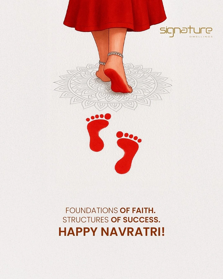 Navratri creative ad: Goddess's feet with red alta stepping over a mandala, leaving footprints