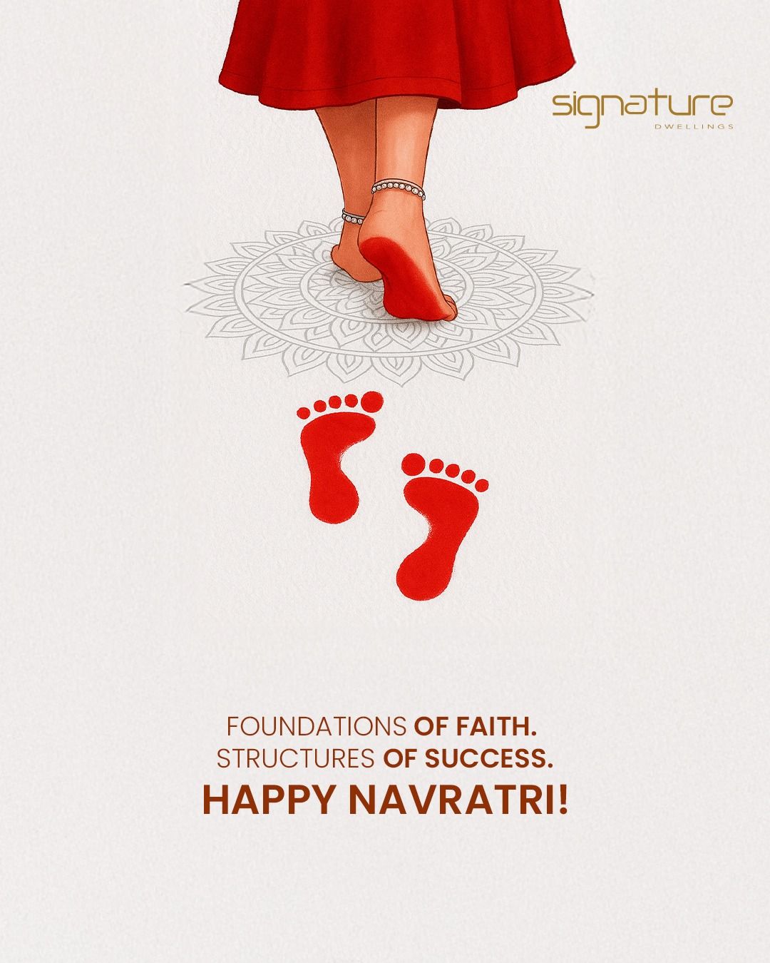 Goddess's feet with red alta stepping over a mandala, leaving footprints