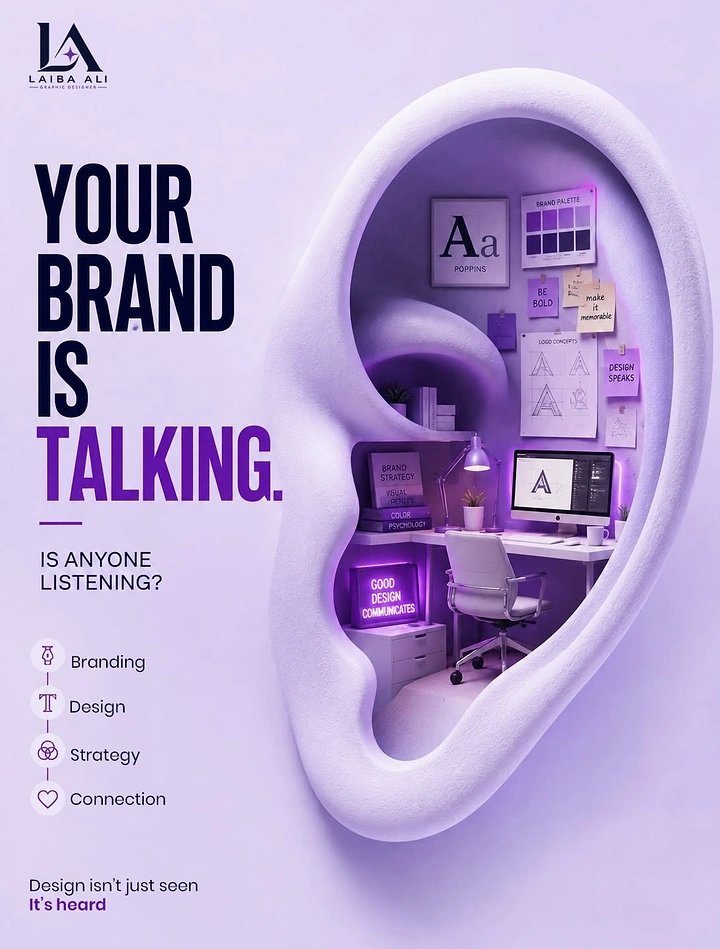 Agency creative ad: Giant white ear containing a miniature designer workspace