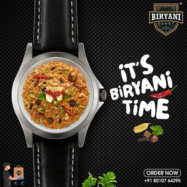 Biryani Restaurants & Brands creative ad: Wristwatch whose dial is a plate of biryani