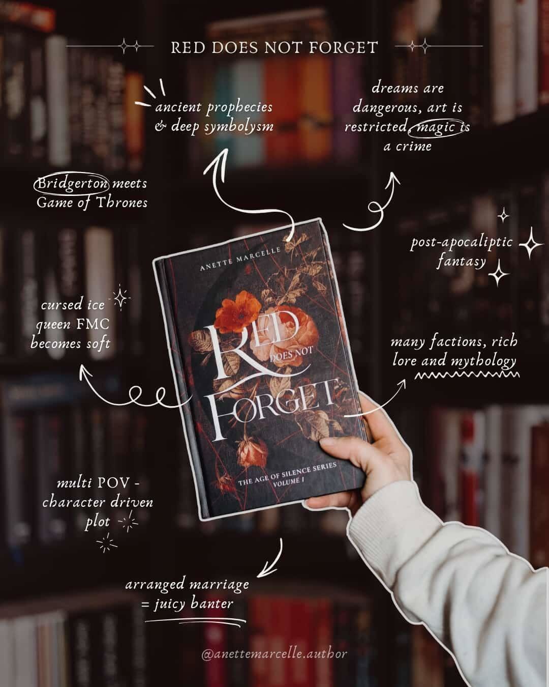 Author promo: hand-drawn trope callouts around book