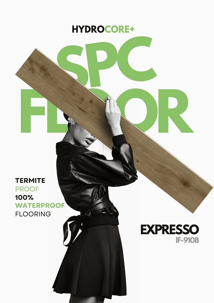Wooden & Vinyl Flooring creative ad: Black-and-white fashion model carrying a diagonal oak SPC plank