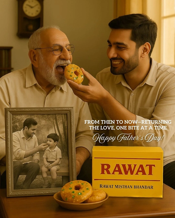 Father's Day creative ad: Adult son feeding a sweet to his elderly father