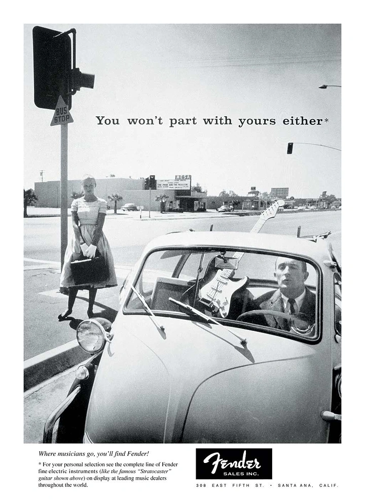 Musical Instrument Stores creative ad: A suited musician in a vintage compact car with an electric guitar, observed by a woman at a street corner