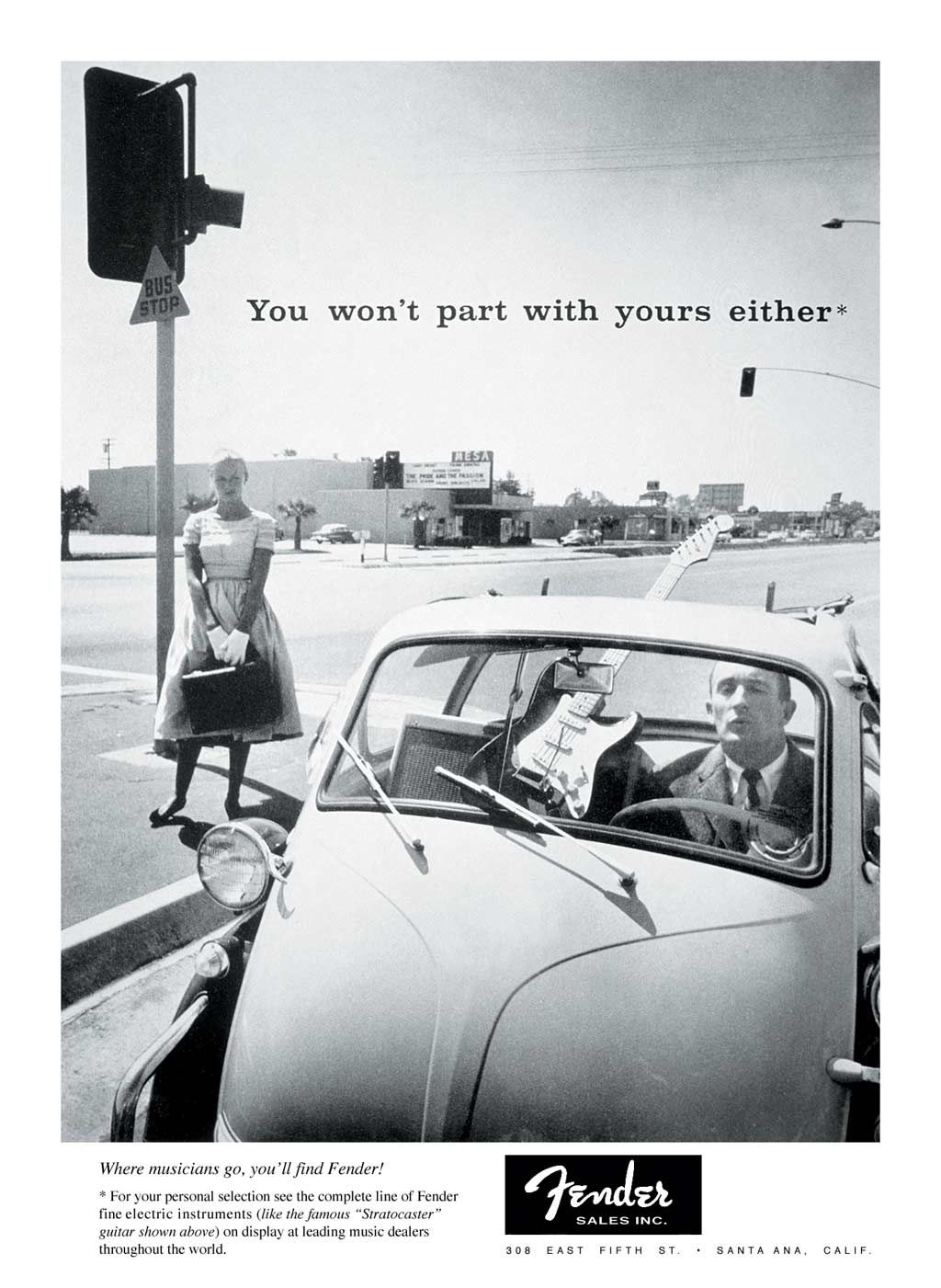 Poster: A suited musician in a vintage compact car with an electric guitar, observed by a woman at a street corner