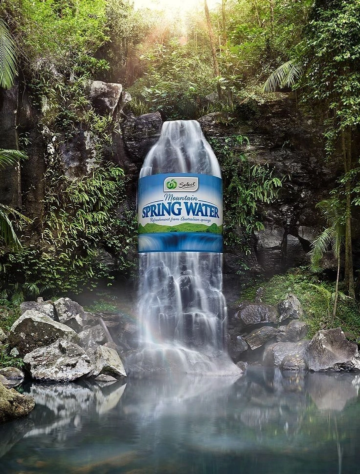 Packaged Drinking Water creative ad: Bottle becomes a waterfall source