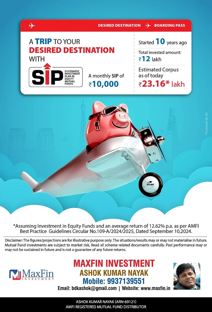 Stock Brokers & Investing creative ad: Piggy bank airplane, SIP boarding pass