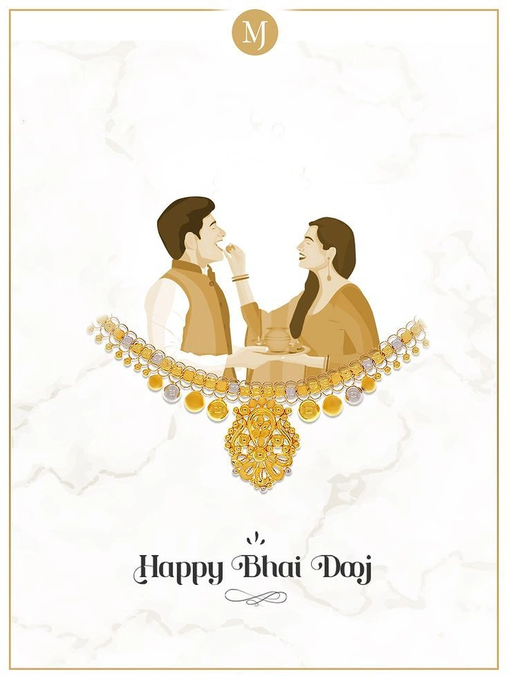 Bhai Dooj creative ad: Illustrated sister feeding her brother a sweet, with a gold necklace draped in front of them