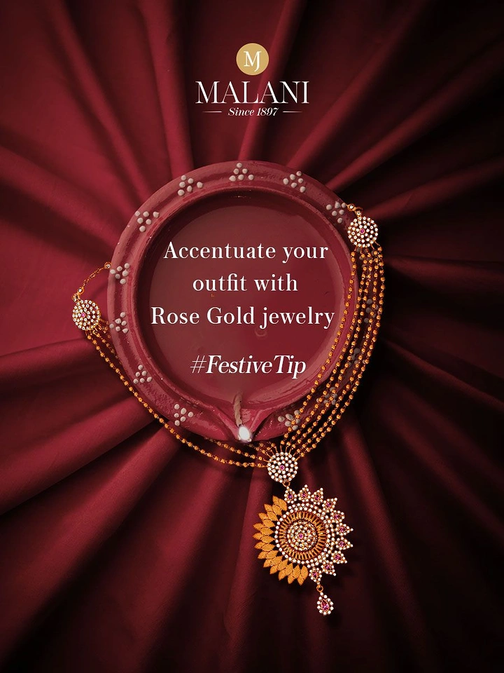 Diwali creative ad: Multi-strand gold chain with sunburst pendant around a clay diya