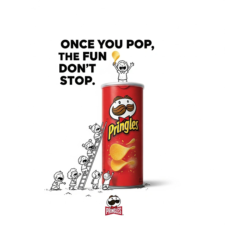 Snacks & Namkeen Brands creative ad: Doodle people climbing ladder to Pringles can