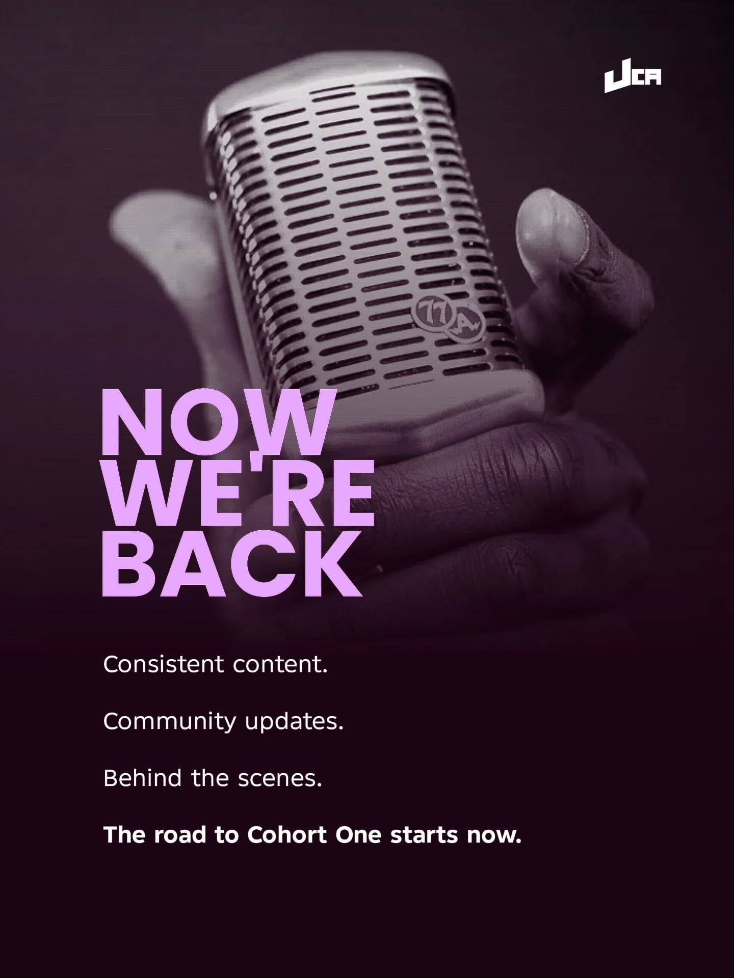Hand-held poster comeback message, bold minimal
