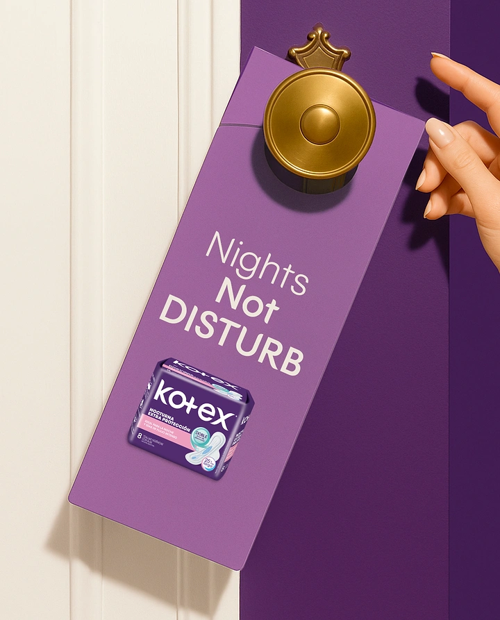 Period Care & Feminine Hygiene creative ad: Purple do-not-disturb door hanger with night pad pack