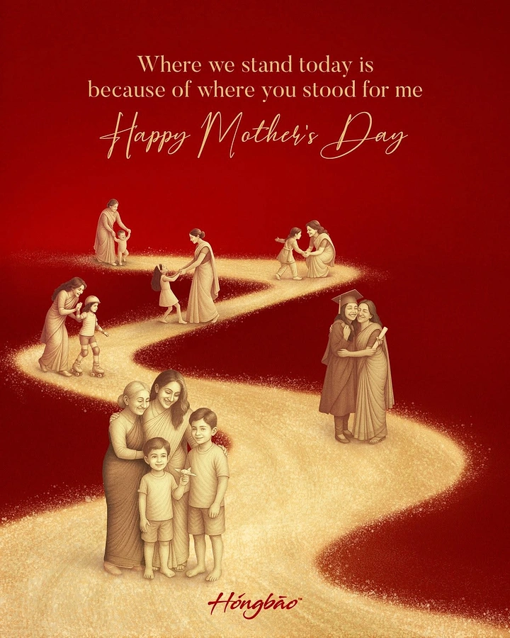 Mother's Day creative ad: A winding golden path showing a mother and child at each stage of life