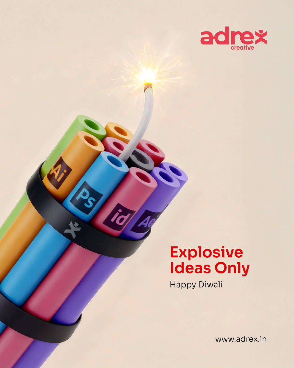 Bundle of colorful tubes labeled as design-app icons, strapped like dynamite with a lit fuse