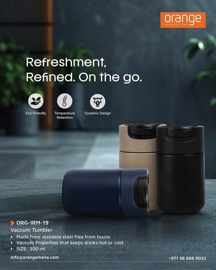 Tumblers, Flasks & Drinkware creative ad: Premium, polished product presentation on rocks.