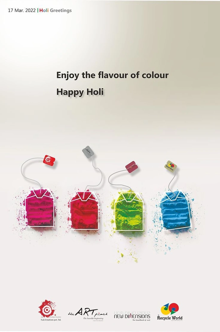 Holi creative ad: Four tea bags filled with coloured Holi gulal