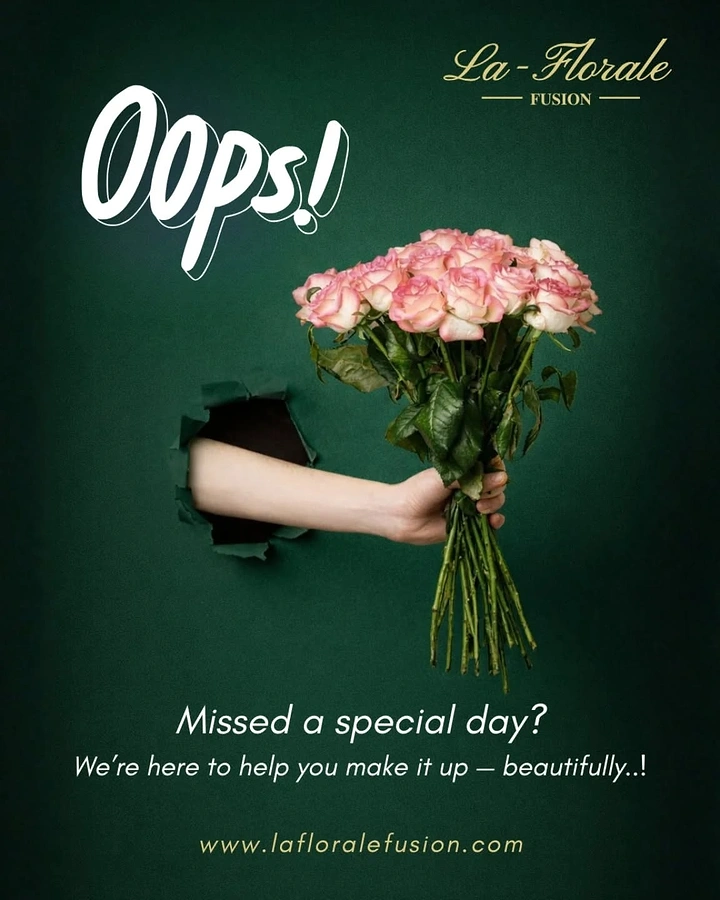 Florists creative ad: Oops! hand bursting through with apology bouquet