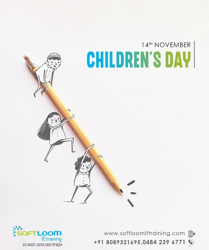 Children's Day creative ad: Three sketched children carrying a real pencil diagonally