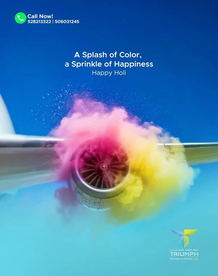 Holi creative ad: Aircraft engine blasting out pink and yellow colour powder