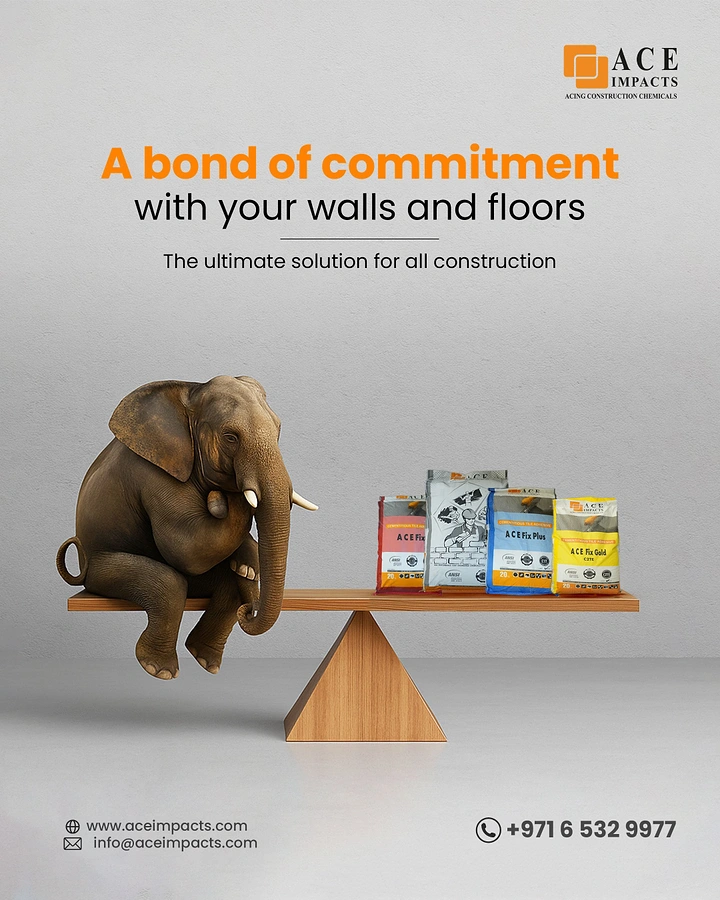 Creative ad: Elephant on a seesaw balanced by four tile adhesive bags
