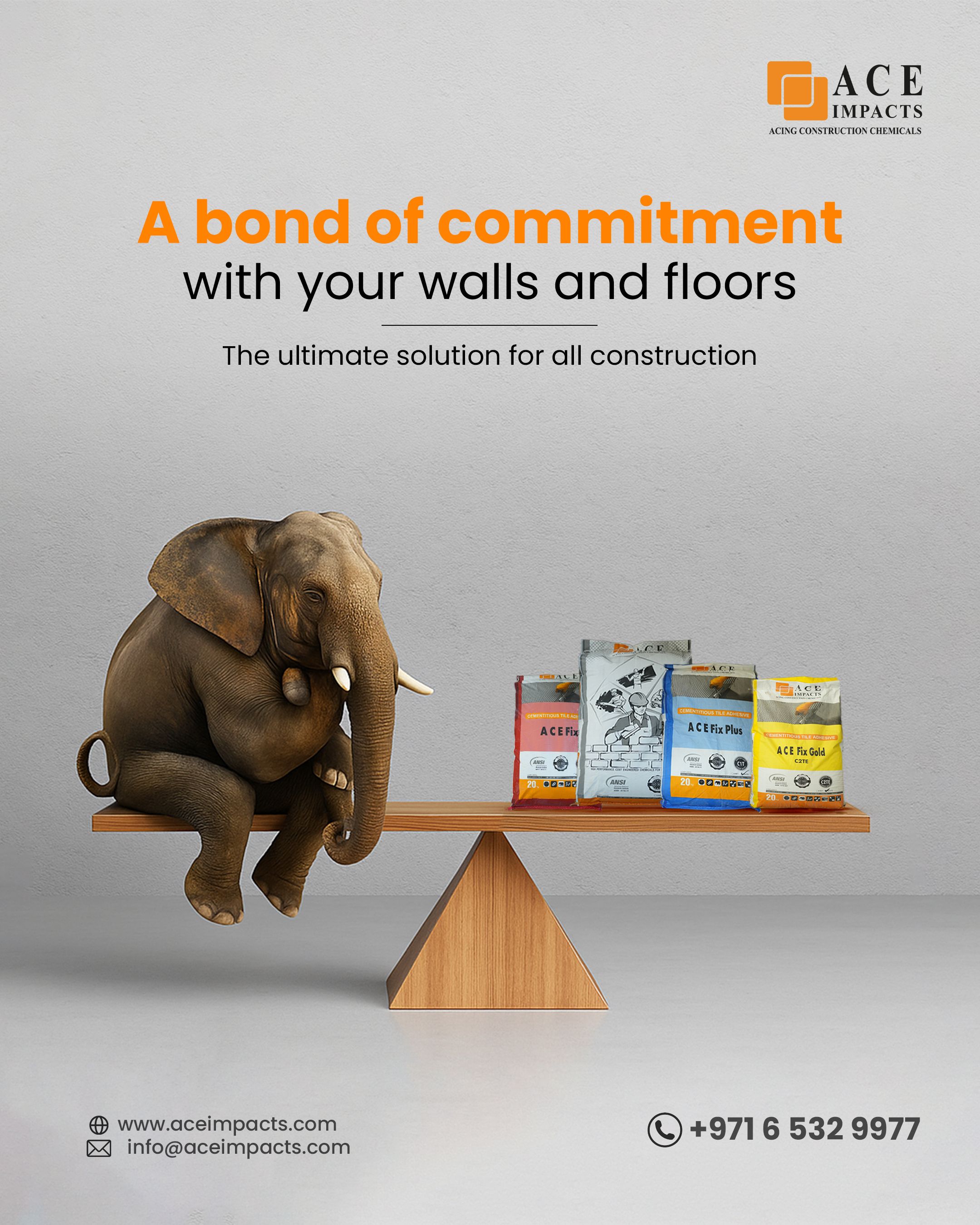 Instagram post: Elephant on a seesaw balanced by four tile adhesive bags