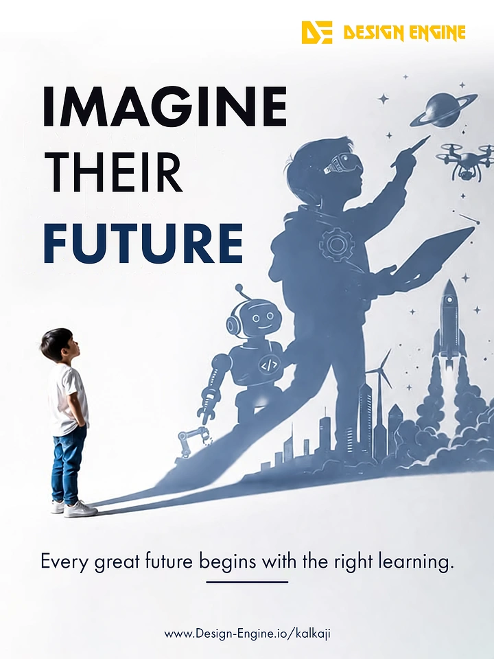 Education creative ad: Small boy looking up at his giant future-self shadow full of STEM icons