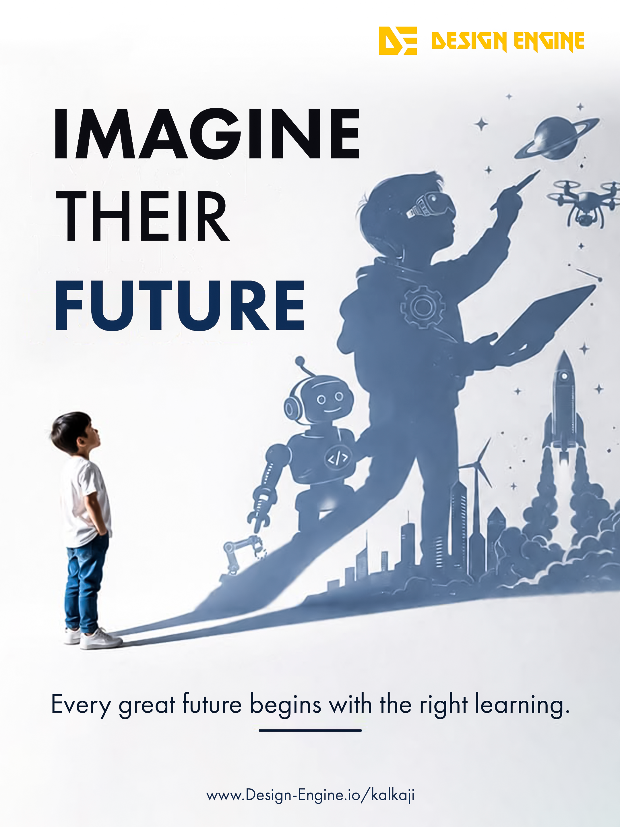 Small boy looking up at his giant future-self shadow full of STEM icons