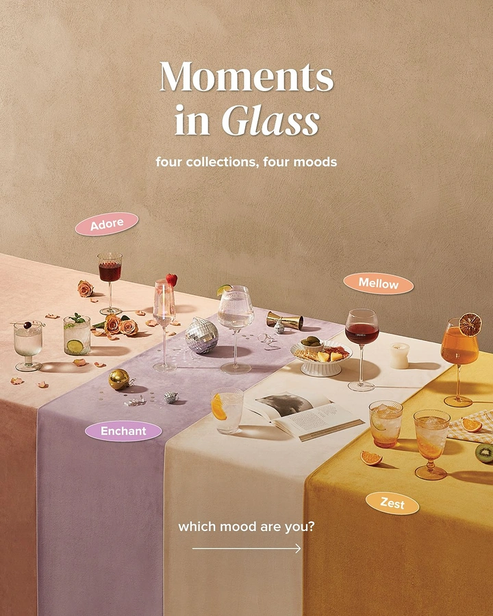 Tumblers, Flasks & Drinkware creative ad: Mood-based glass collection storytelling