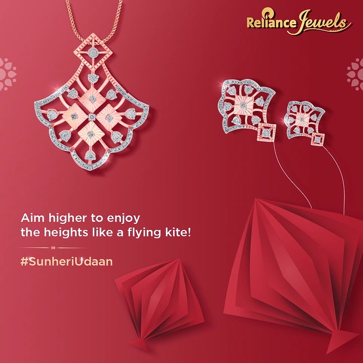 Makar Sankranti creative ad: Rose-gold diamond pendant and earrings flying like kites
