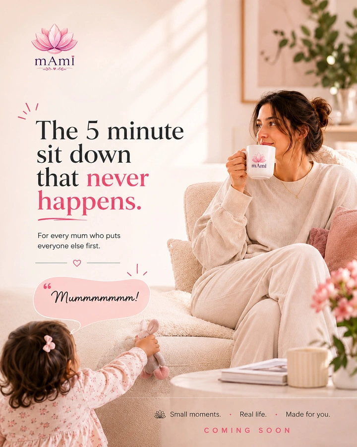 Mother's Day creative ad: A mother sipping from a branded mug on the sofa while her toddler reaches up to her