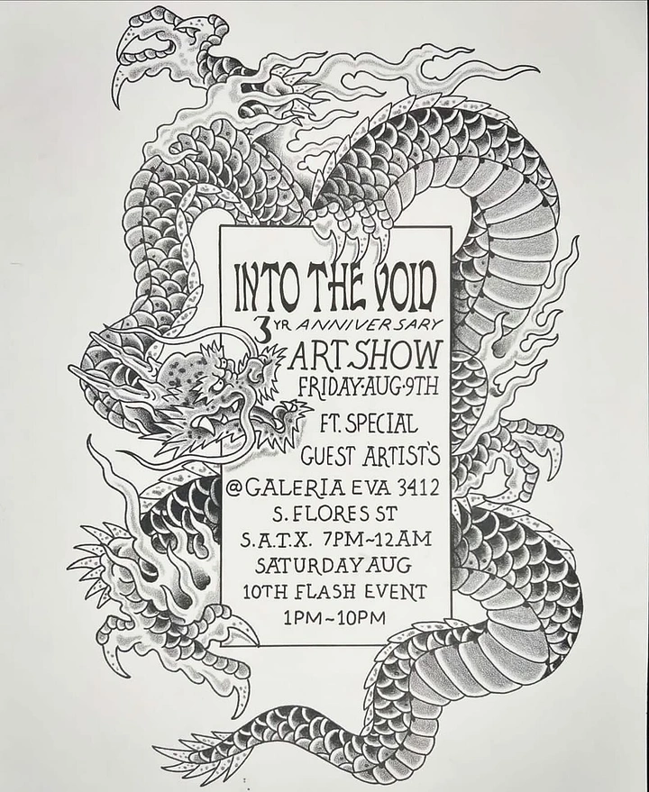 Tattoo Studios creative ad: Hand-drawn flash dragon coiled around event text