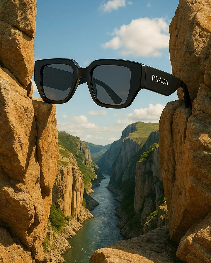 Sunglasses Brands creative ad: Luxury product floats above dramatic canyon