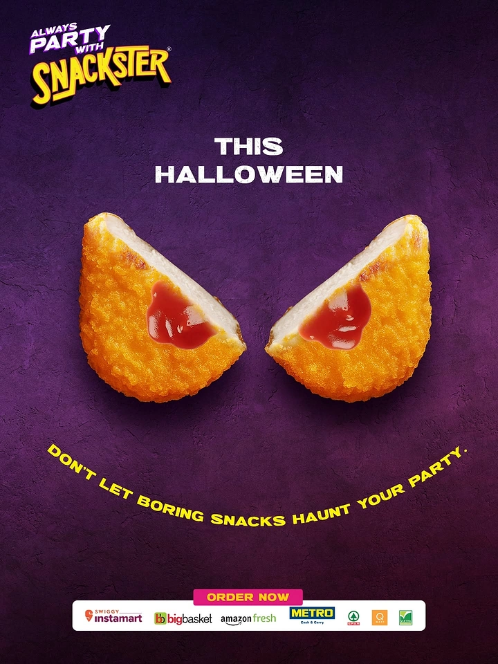 Halloween creative ad: Two nugget halves forming angry jack-o'-lantern eyes