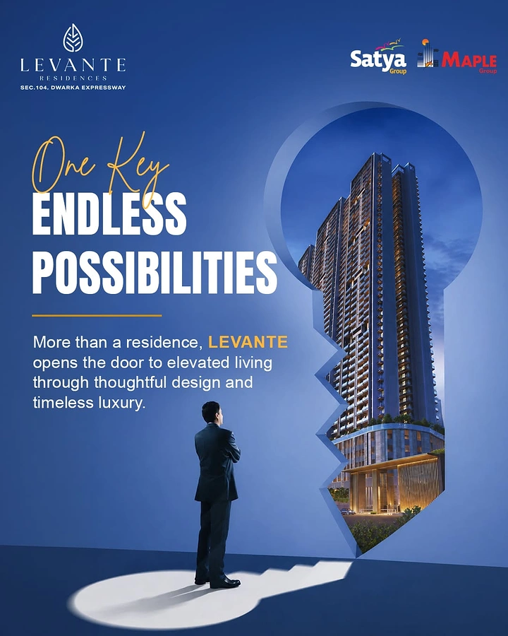 Creative ad: Man in suit gazing at tower seen through giant key-shaped cutout