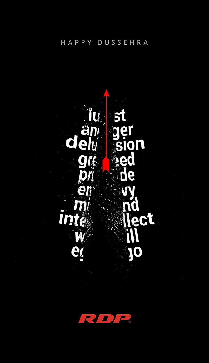 Dussehra creative ad: Red arrow splitting a column of vice words into shattered fragments