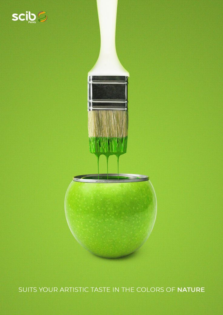 Poster: Paintbrush dripping green paint into an apple shaped like a paint can