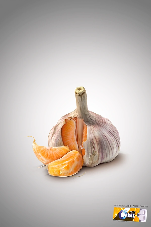 Chewing Gum & Mints creative ad: Garlic breath solved through witty Orbit product contrast