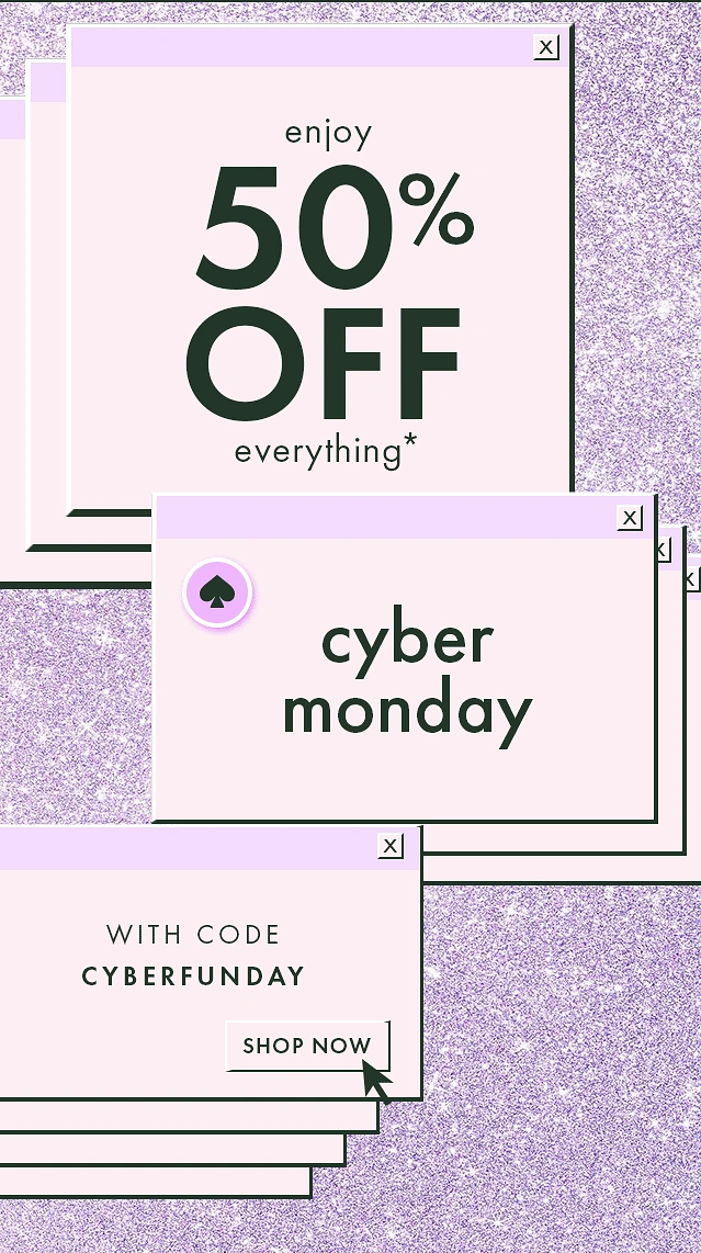 Cyber Monday creative ad: Stacked retro pop-up windows on lavender glitter