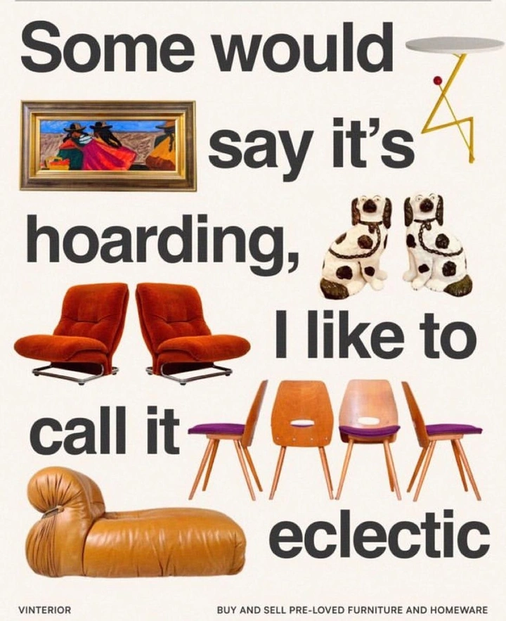 Ecommerce creative ad: Cut-out vintage furniture and decor interleaved with a large sans-serif quote