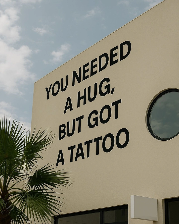 Tattoo Studios creative ad: Hug-vs-tattoo wall supergraphic, witty copy
