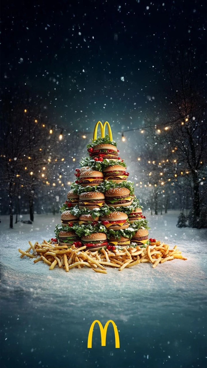 Christmas creative ad: Christmas tree made of stacked burgers and lettuce on a bed of fries in snow