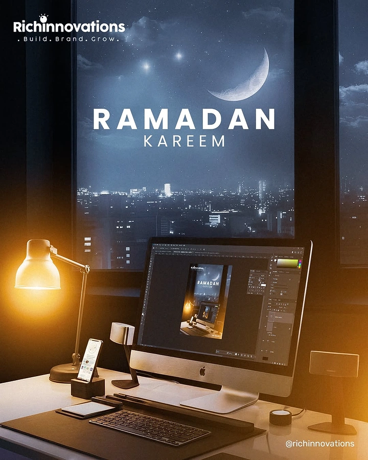 Ramadan creative ad: Designer's desk facing a night window with a crescent moon
