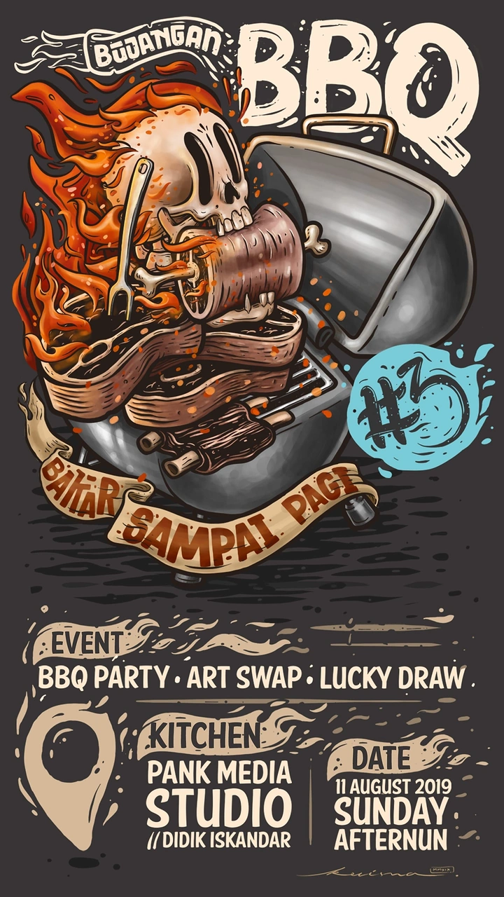 BBQ & Grill Restaurants creative ad: Distinctive monster-like BBQ illustration