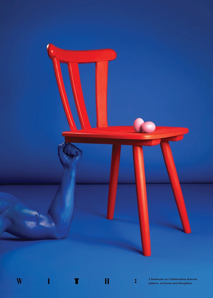 Creative ad: A blue-painted arm holding up a red wooden chair with eggs on it