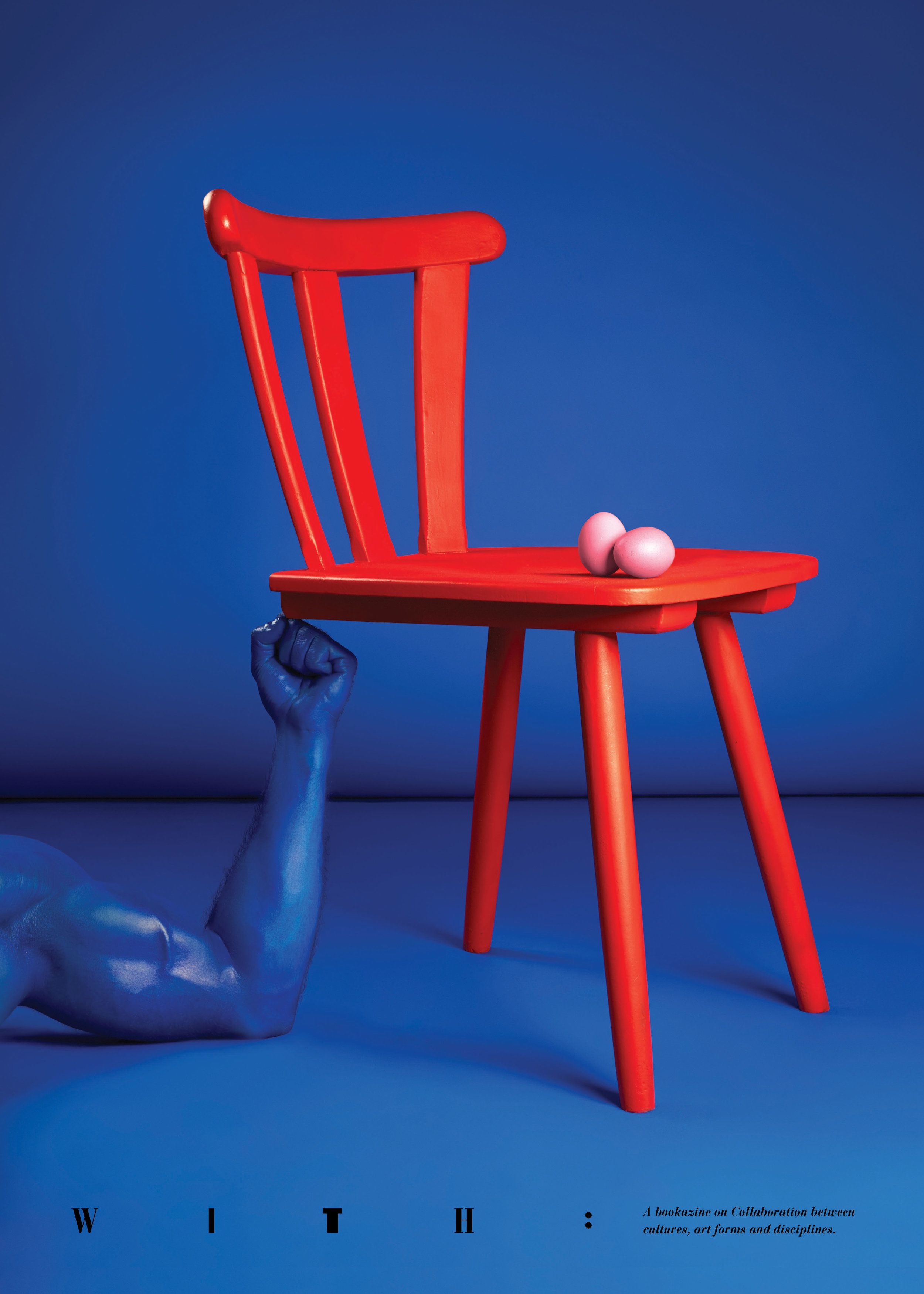 Poster: A blue-painted arm holding up a red wooden chair with eggs on it