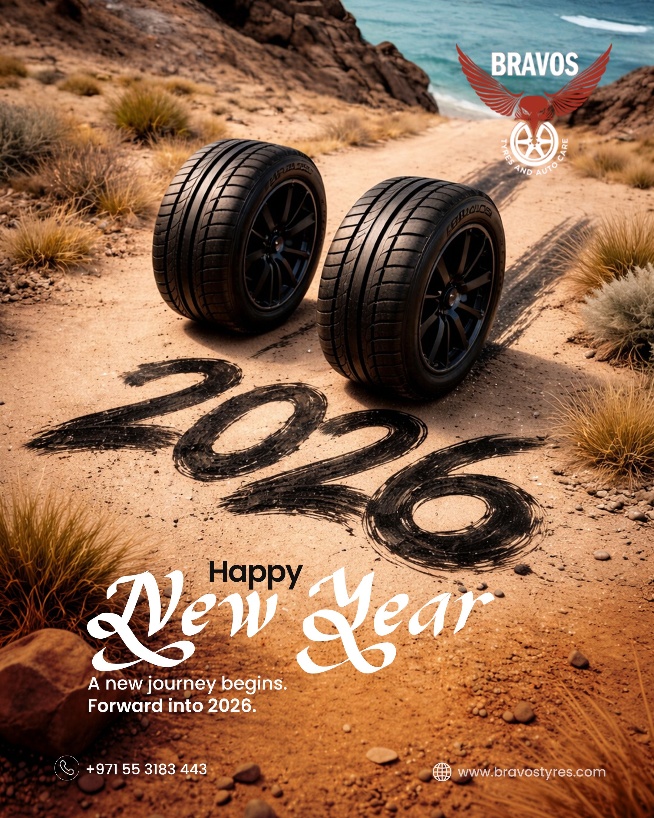 New Year Instagram post: Two tyres on a dirt road with the year drawn in tyre tracks