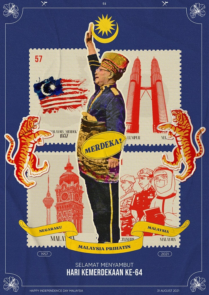 Independence Day creative ad: Cut-out statesman saluting over a grid of vintage national stamps