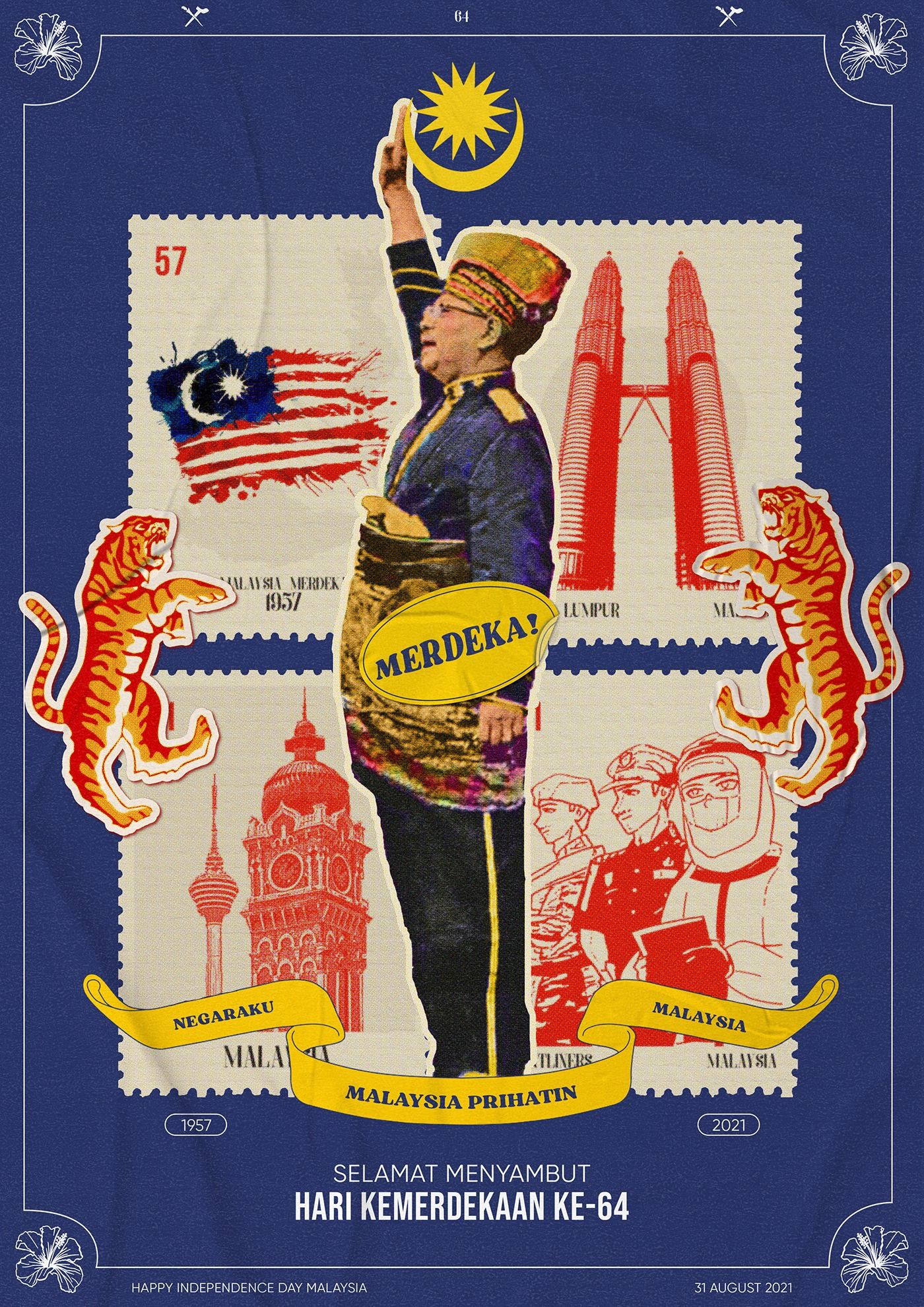 Cut-out statesman saluting over a grid of vintage national stamps