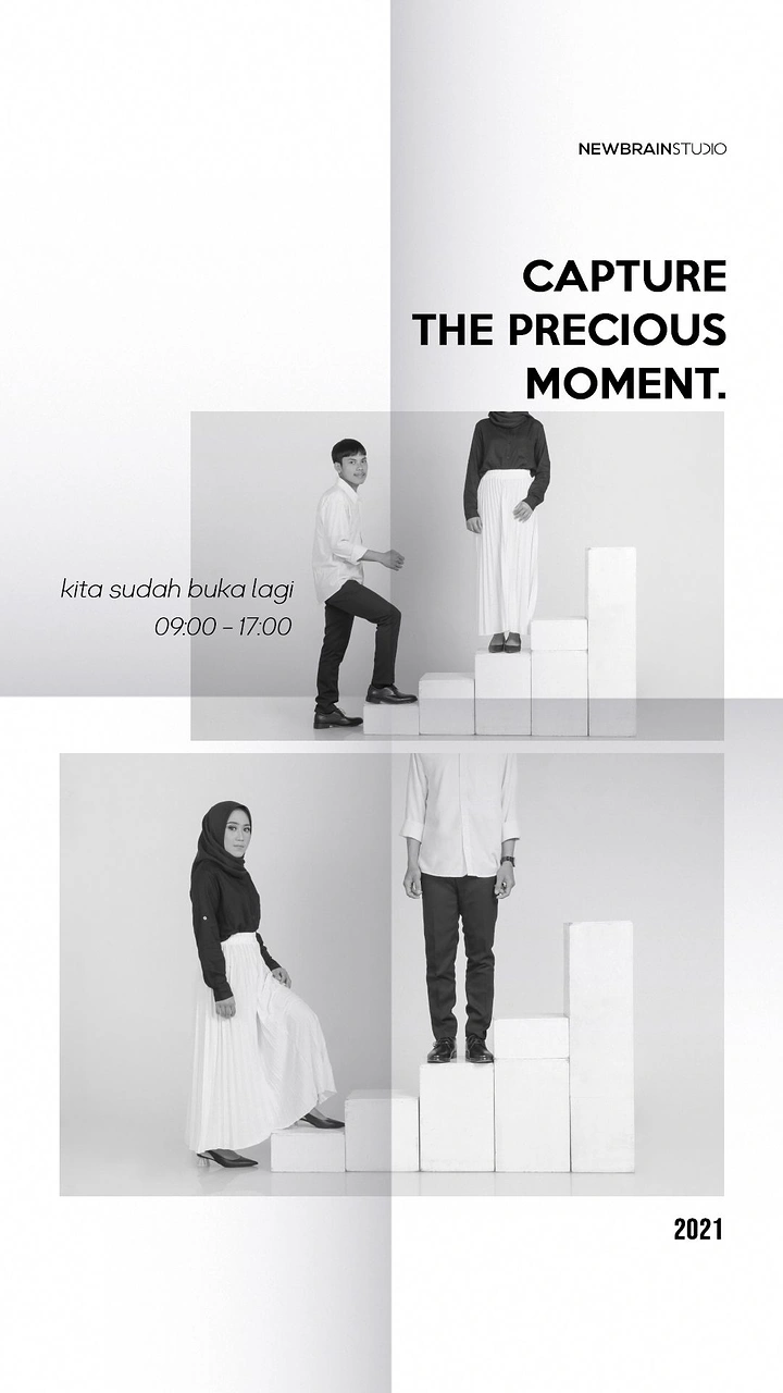 Photography creative ad: Stepped-block monochrome studio reopening poster