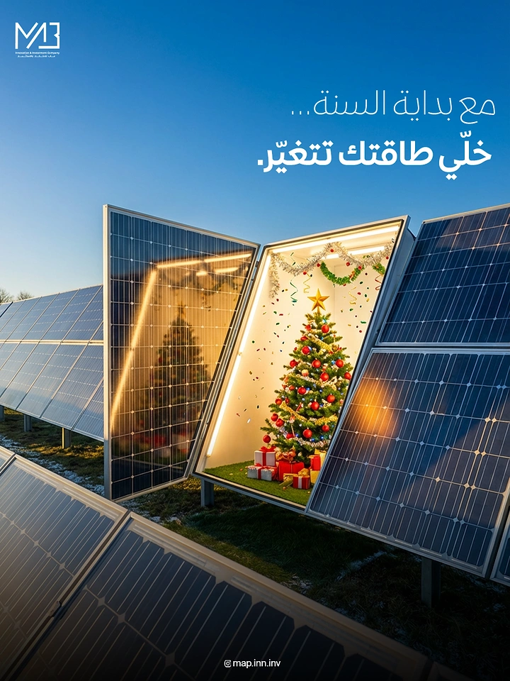 New Year creative ad: Solar panel opening like a door to reveal a decorated Christmas tree